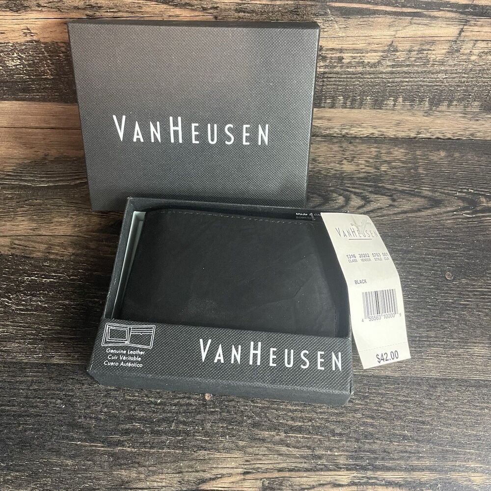 Van Heusen Men's Genuine Leather Bifold Wallet Black New With Original Box